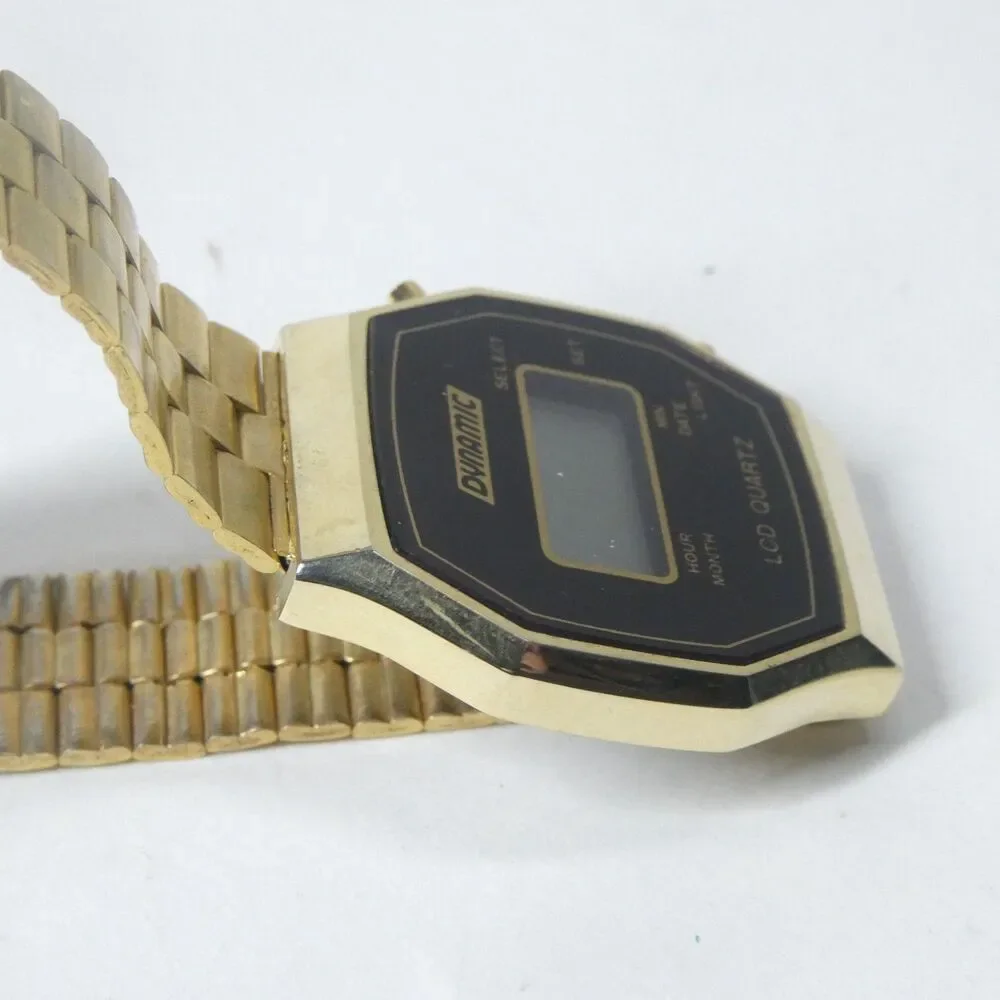 Dynamic LCD Quartz Watch Vintage Goldtone Black Hong Kong Wristwatch
